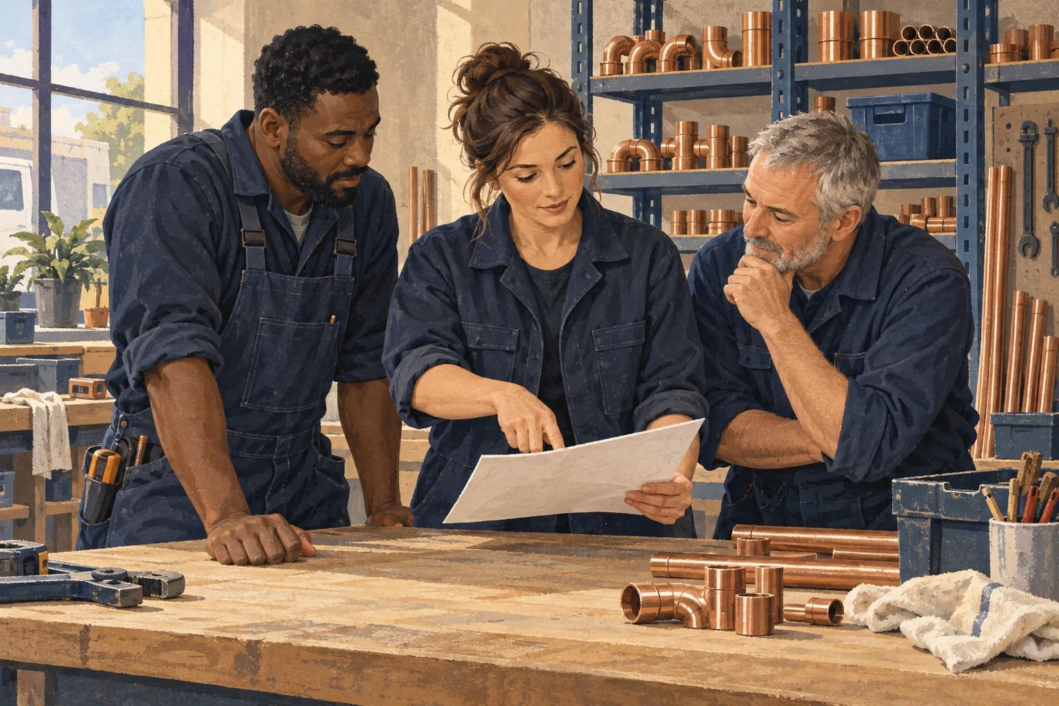 Illustration of three trades colleagues reviewing a job sheet at a workbench with copper fittings.