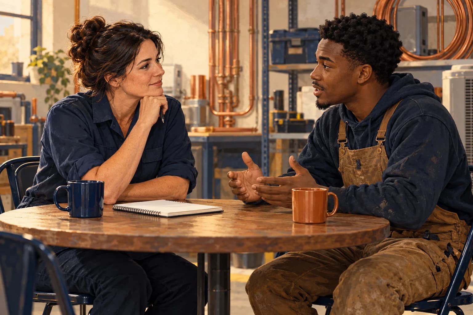 Illustration of a woman supervisor listening to a technician during a one-to-one conversation in a workshop break area.
